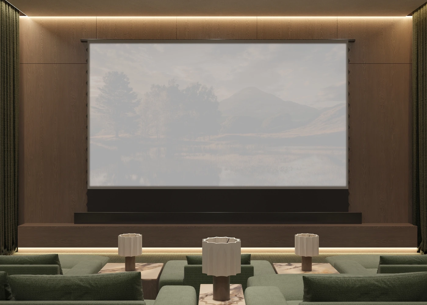 Private cinema screen framed in timber with deep green seating in the foreground