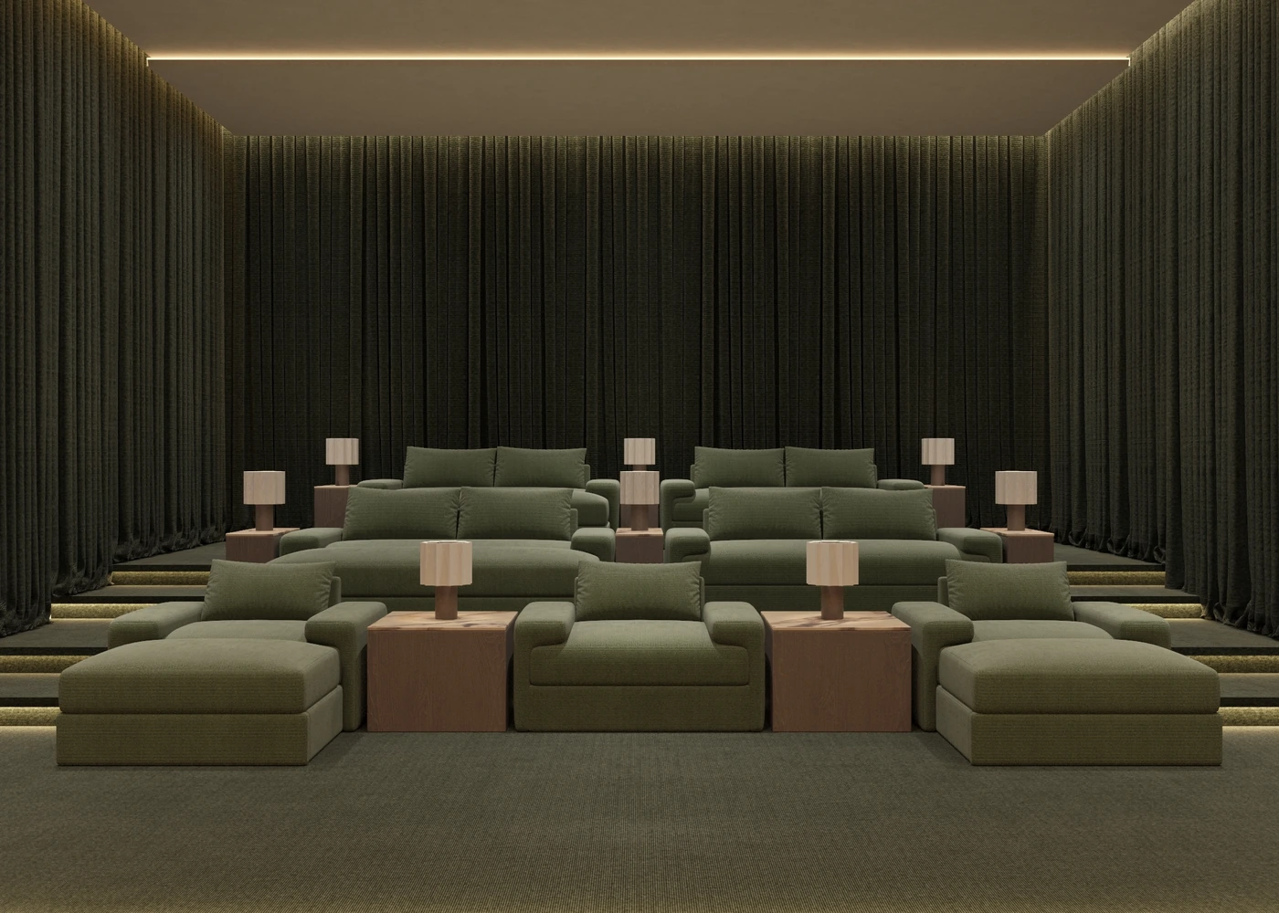 Front view of symmetrical green chaise seating on illuminated tiers