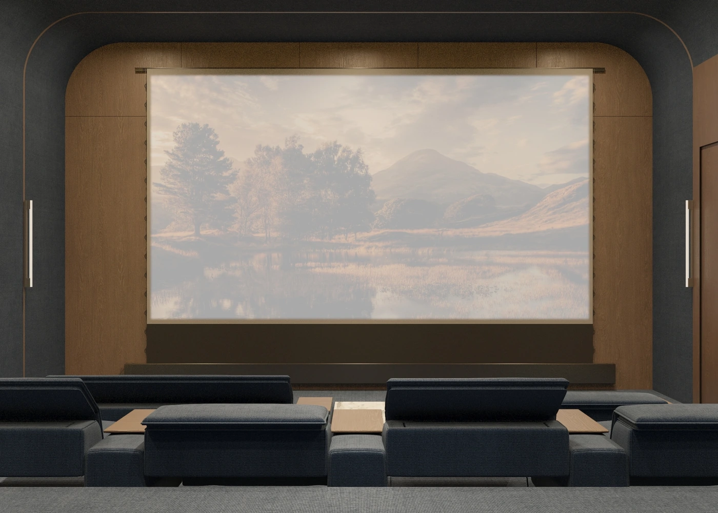 Private cinema screen framed by dark blue illuminated architectural arches
