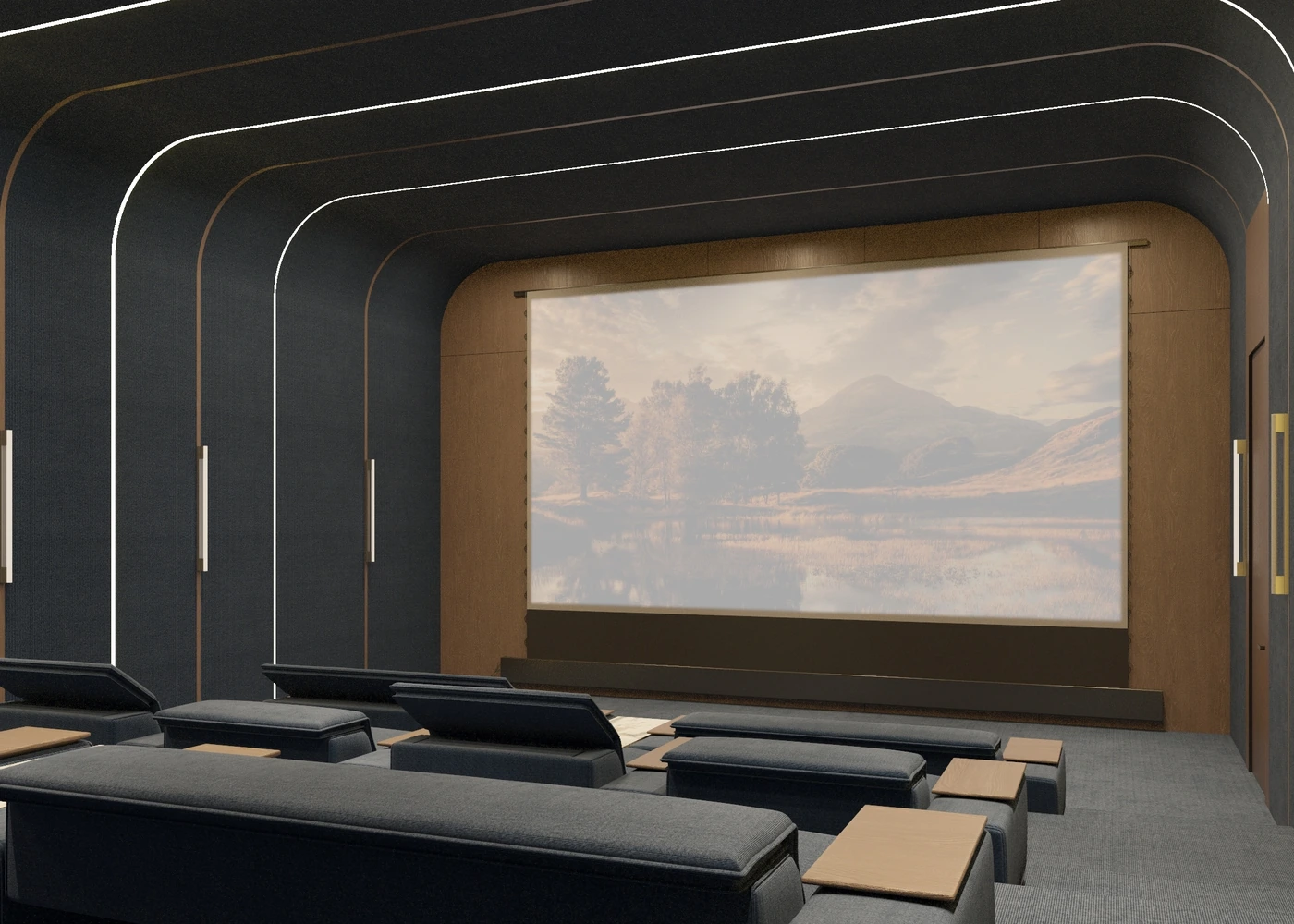 Angled cinema view with nested light arches and tiered blue recliners