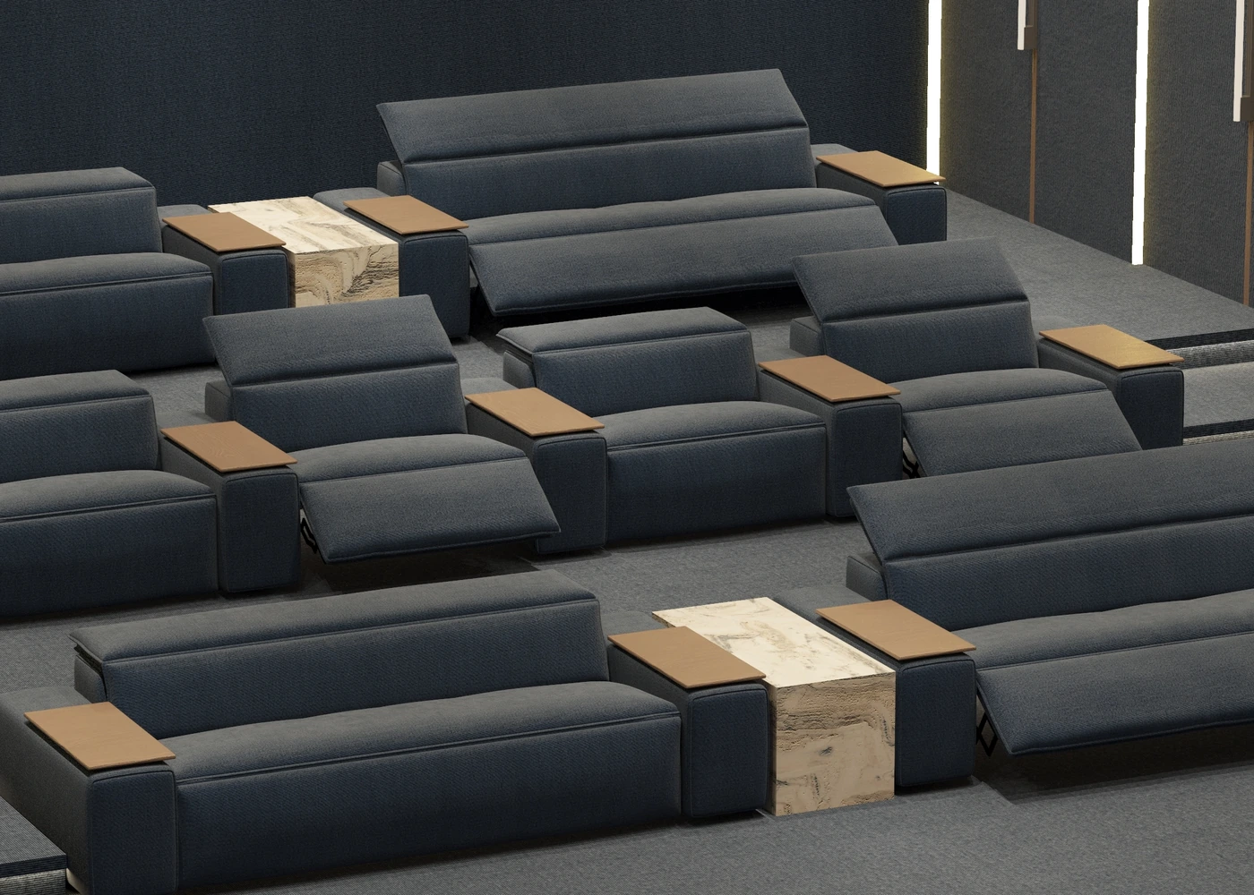 Elevated view of blue reclining cinema seats with timber and marble tables