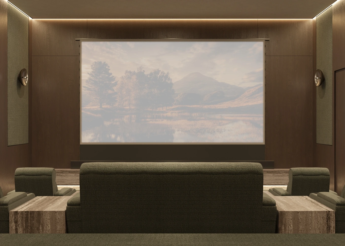 Warm brown private cinema with projection screen and tiered recliners