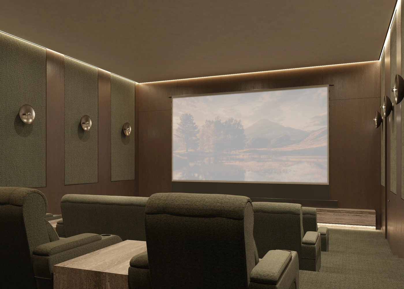 Angled cinema view with brown acoustic wall panels and circular sconces