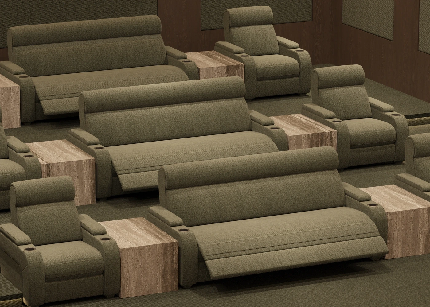 Close view of taupe reclining cinema seats divided by stone side tables