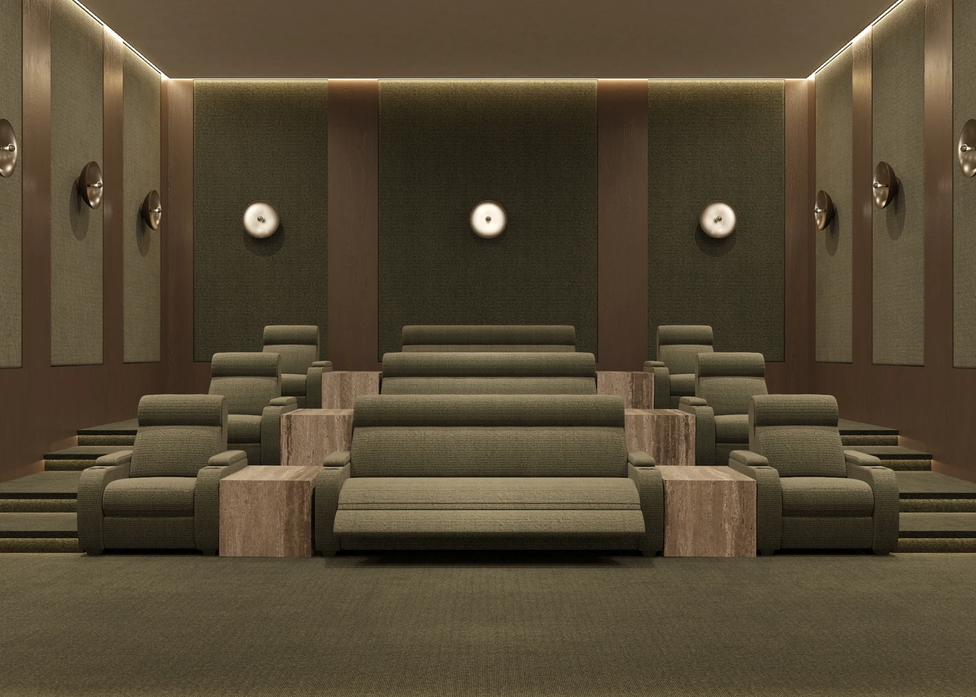 Front view of symmetrical taupe cinema recliners against acoustic panels