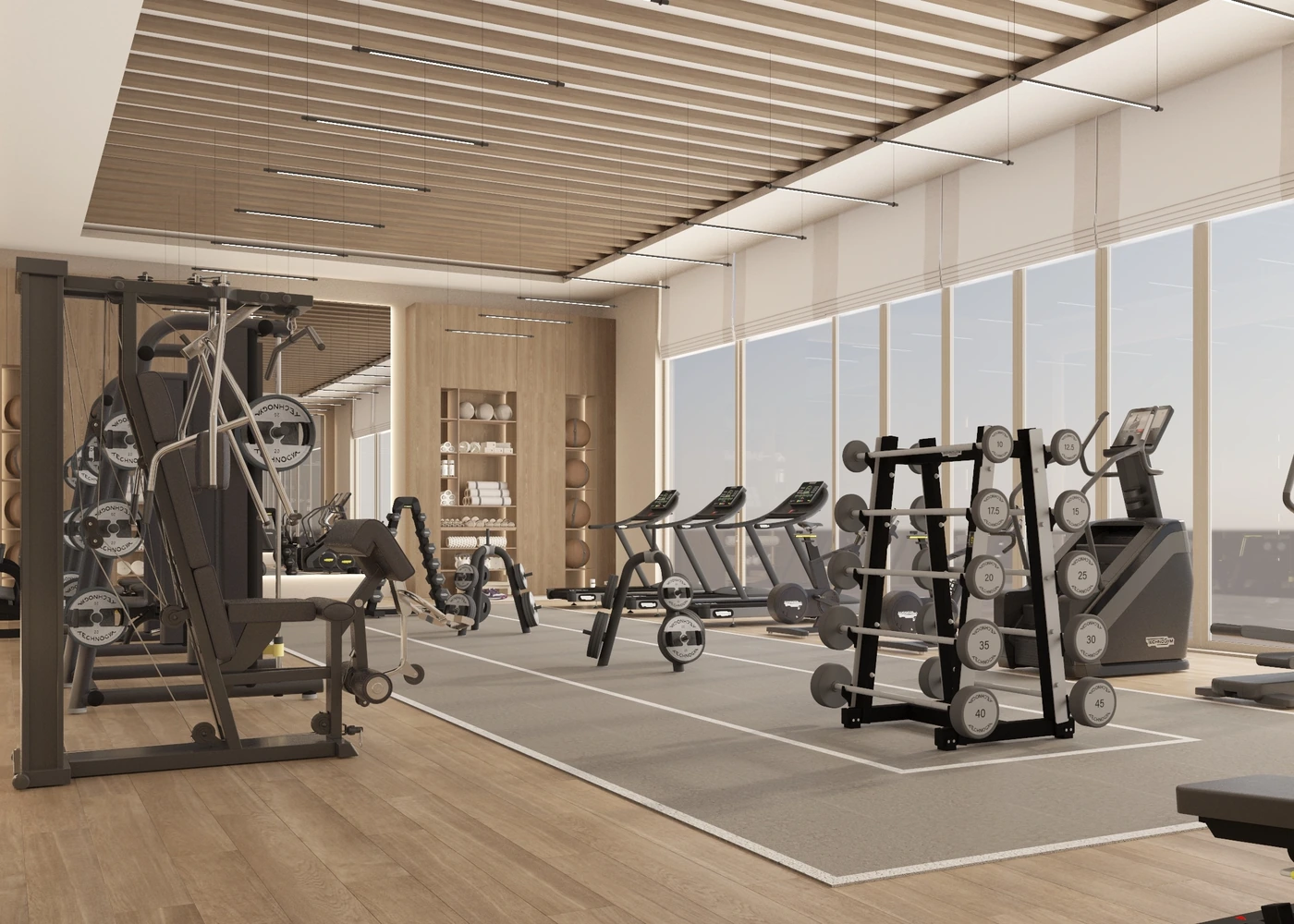 Private gym with strength equipment, dumbbell rack and slatted timber ceiling
