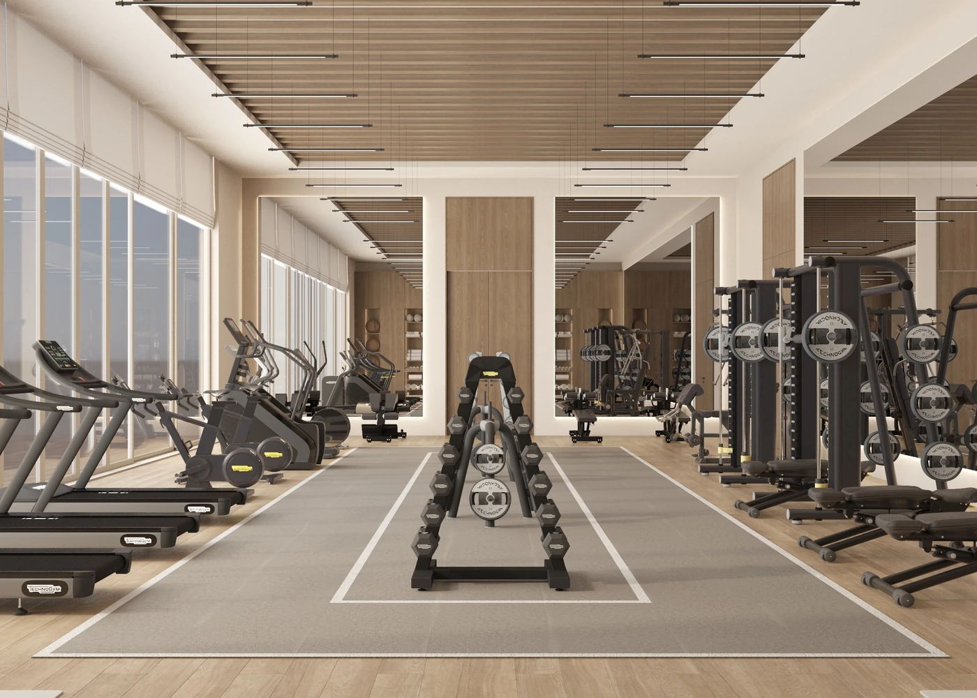 Central gym training lane flanked by treadmills and strength machines