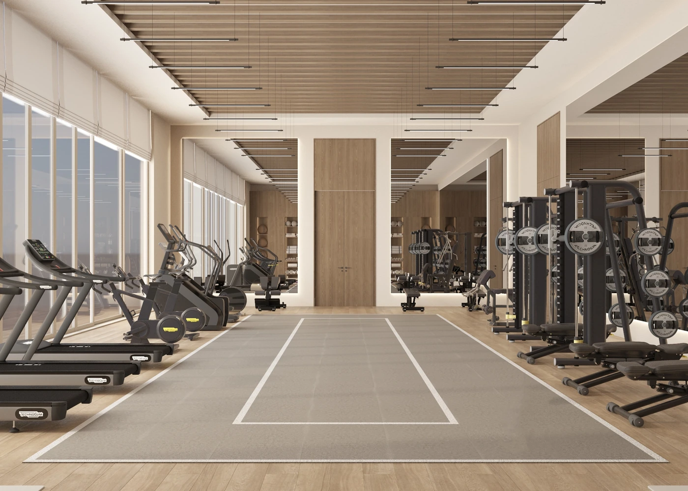 Wide private gym with central exercise lane and equipment on both sides