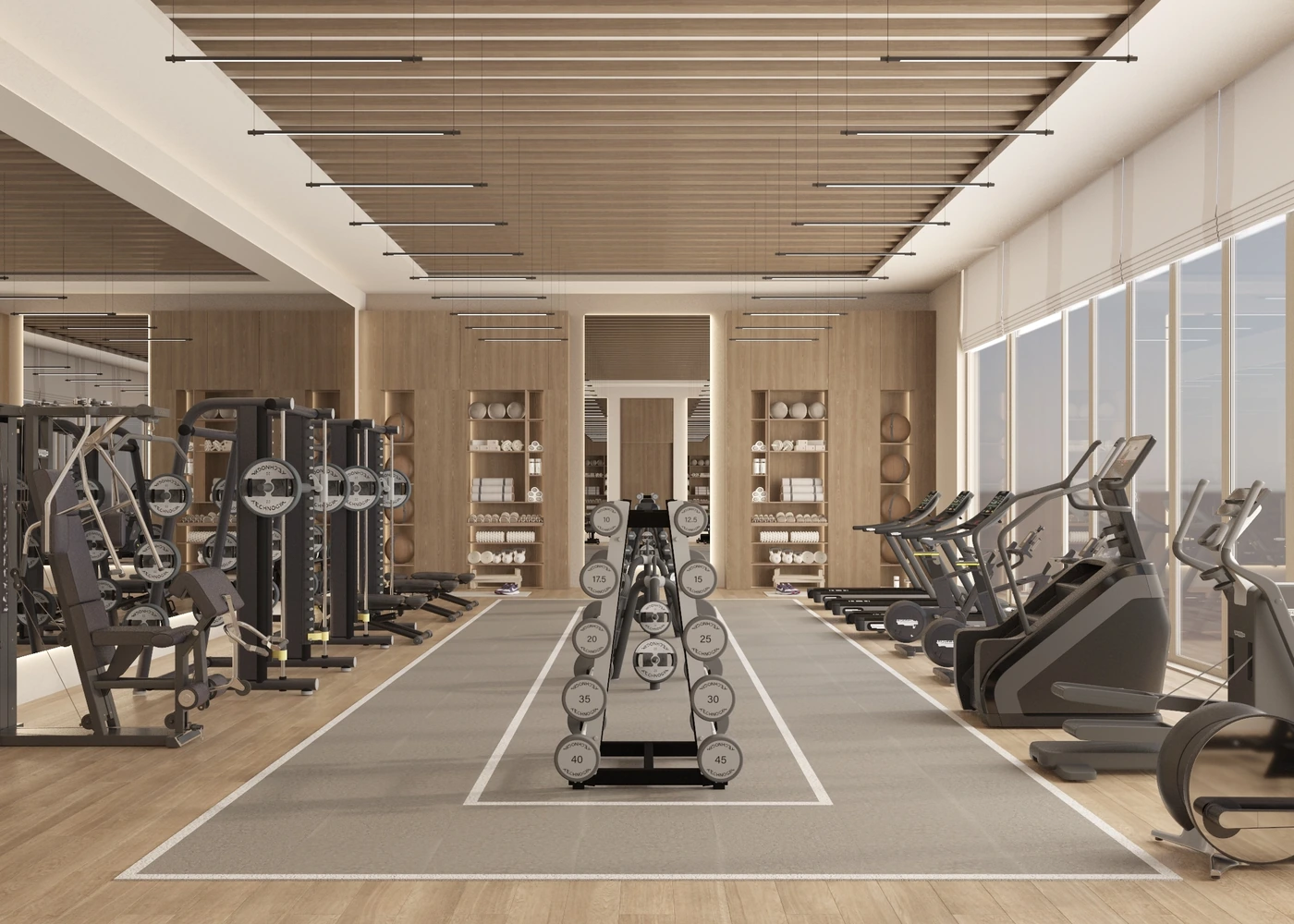 Symmetrical gym view with central dumbbell rack and perimeter machines