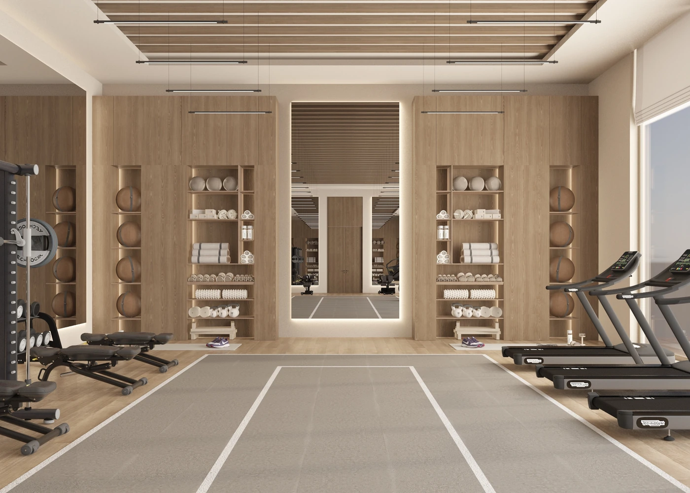 Gym feature wall with full-height mirror, shelves and cardio equipment