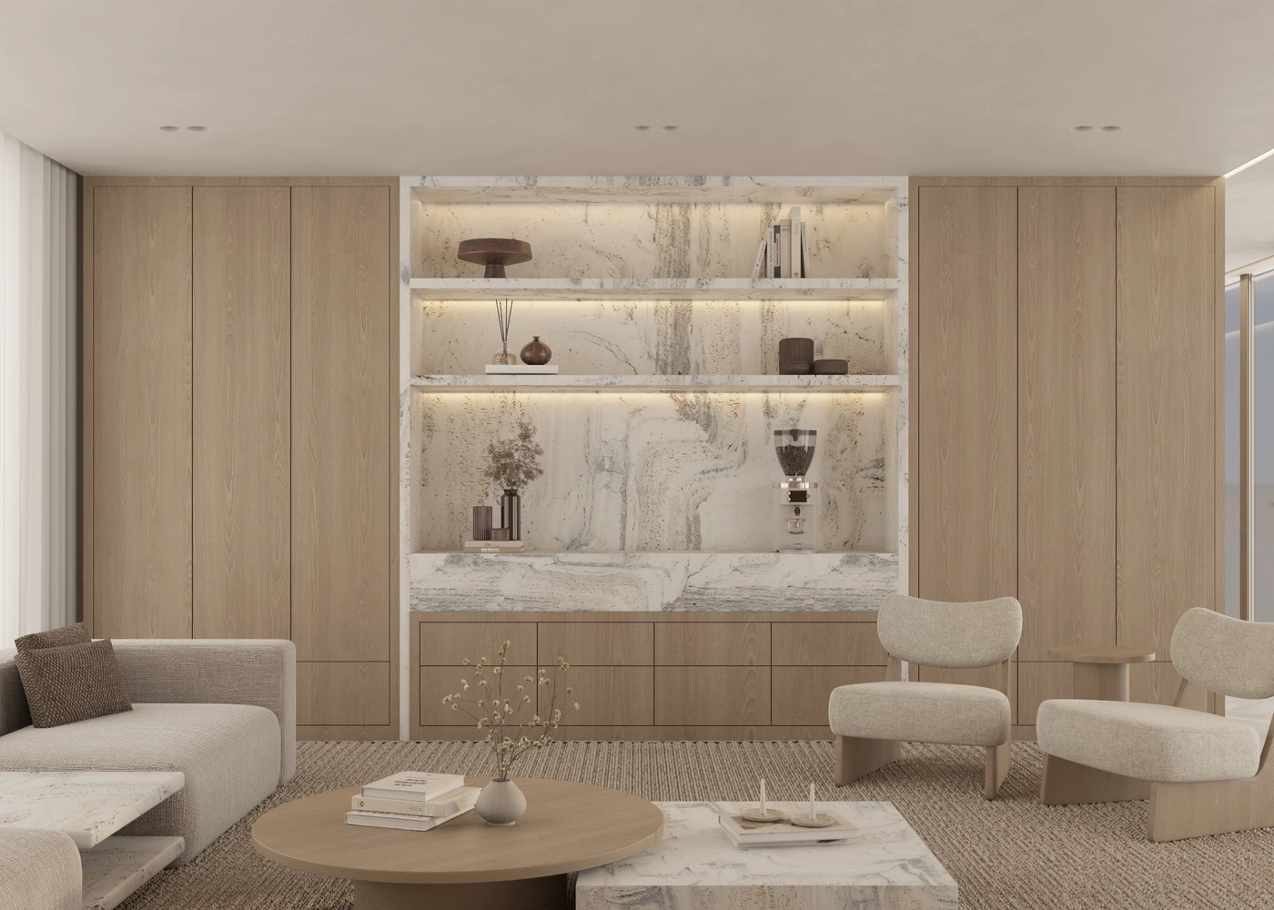 Pale living room facing an illuminated marble display wall and oak cabinetry