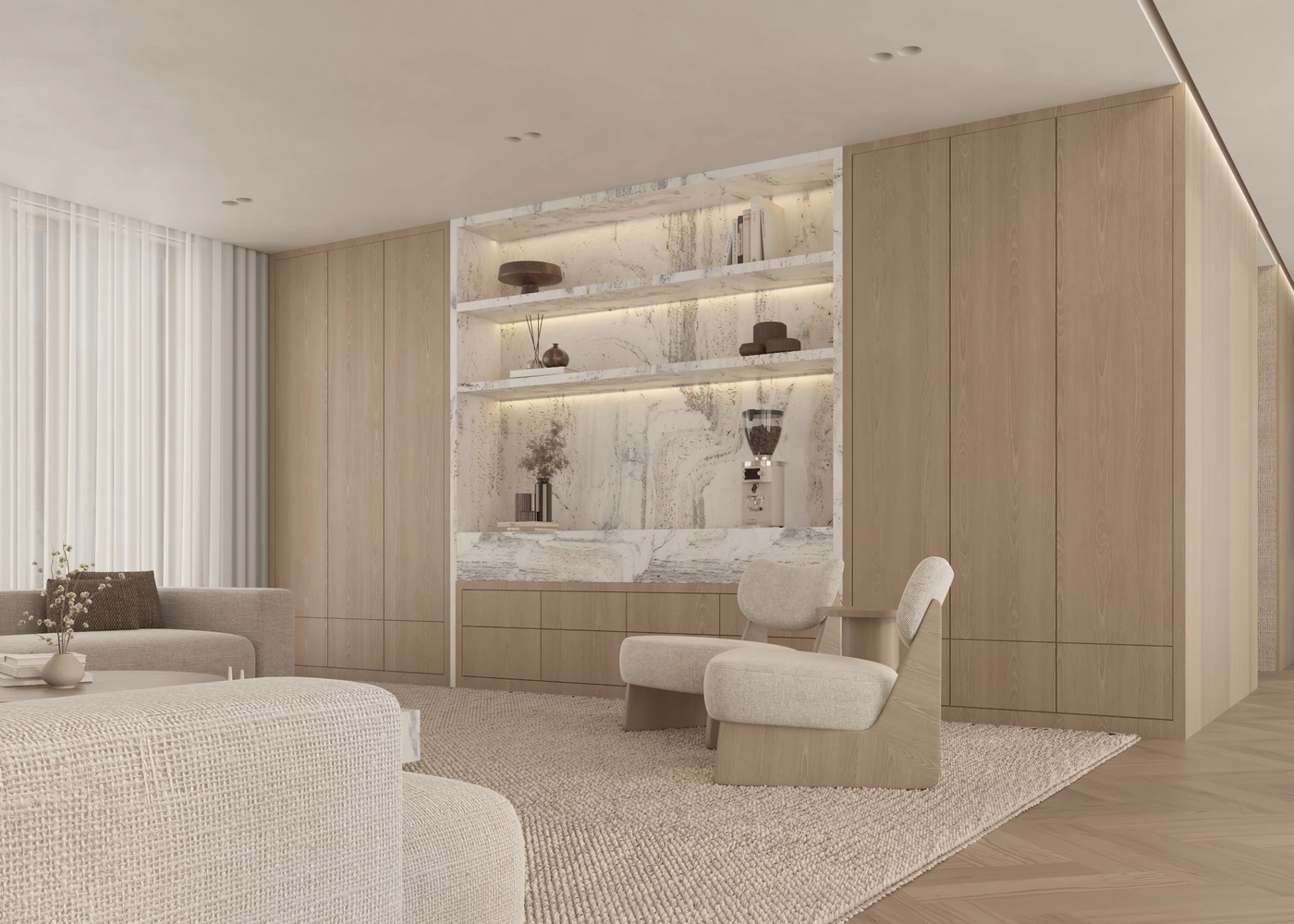 Angled living-room view with display shelving, rounded chairs and sheer curtains