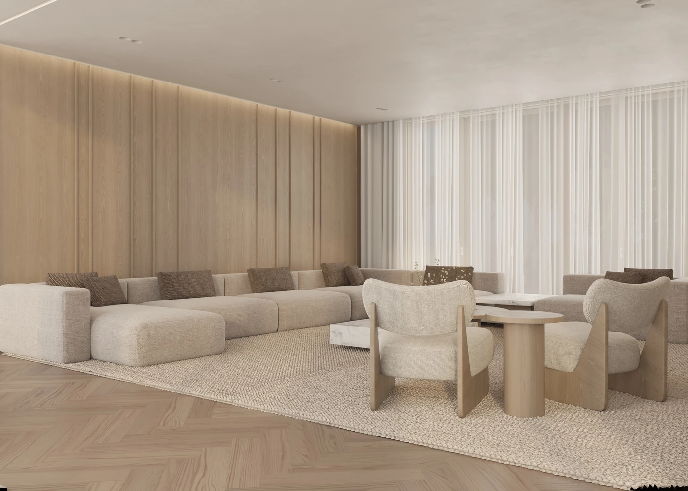 Wide living-room seating arrangement beside full-height curtains and timber panels