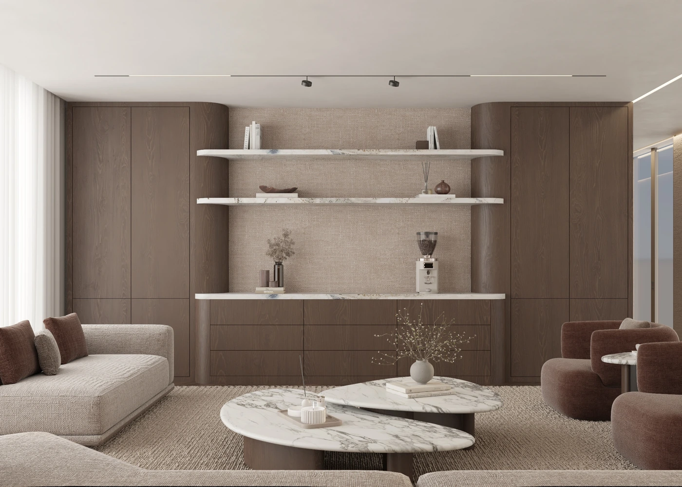 Living room with open display shelves, terracotta chairs and pale marble tables
