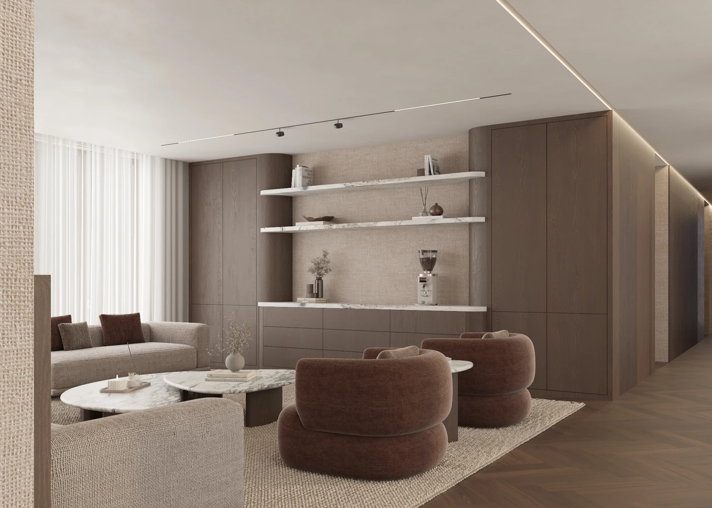 Angled living-room view with terracotta chairs and layered open shelving