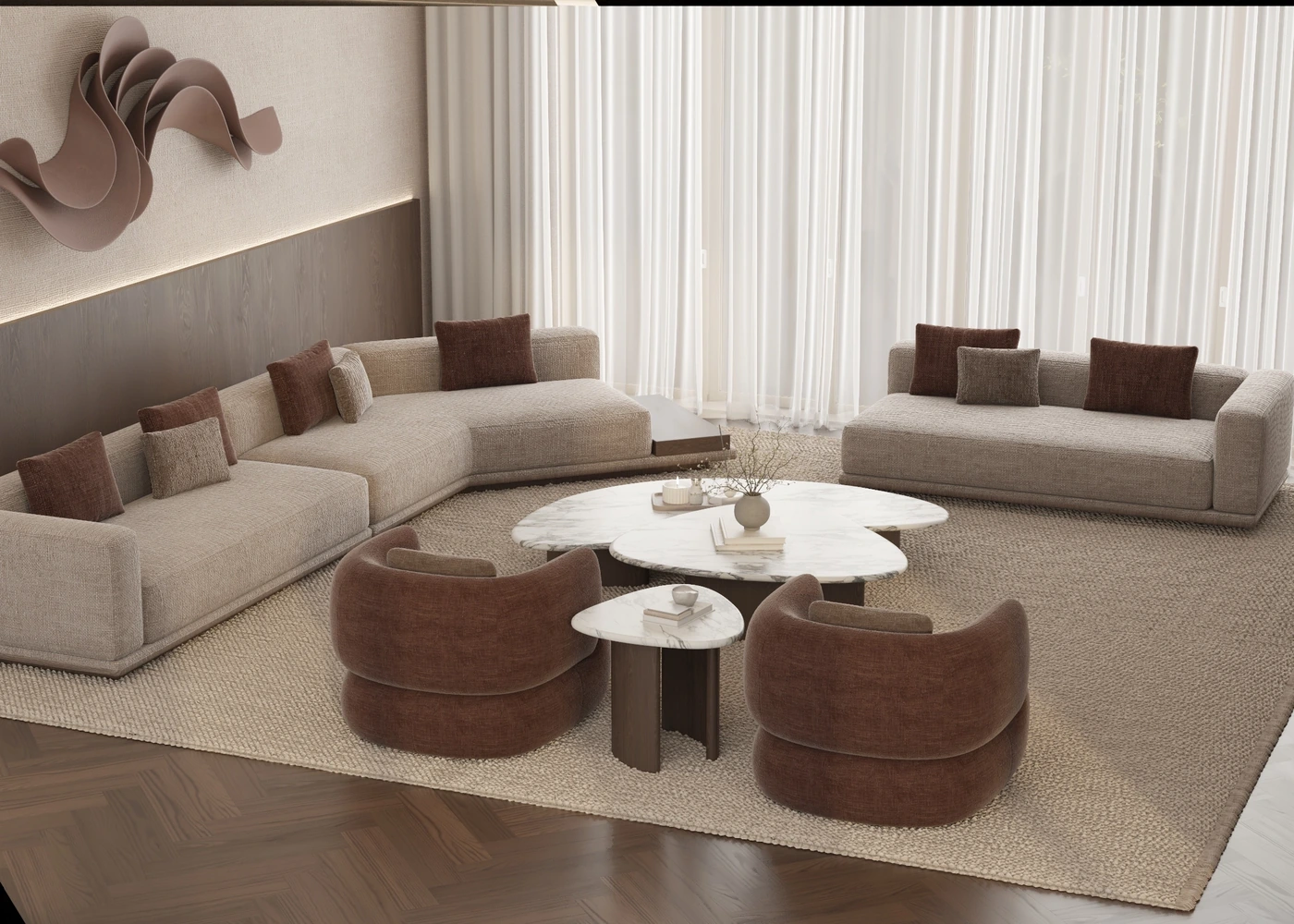 Elevated view across terracotta lounge chairs toward curved neutral sofas