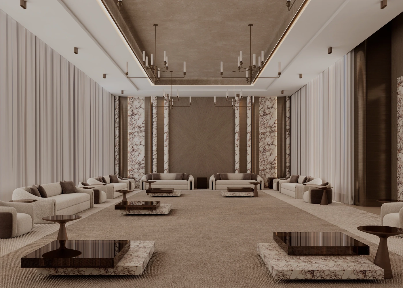 Symmetrical formal majles with marble portals, chandeliers and perimeter seating