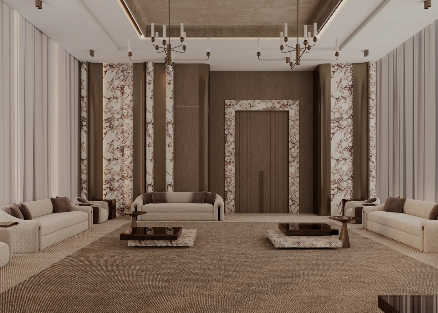 Front view across the formal majles toward a marble-framed timber doorway