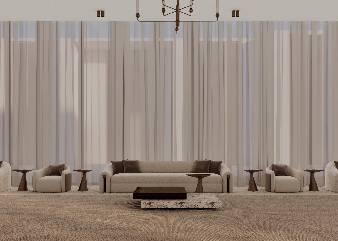 Curtain-lined majles seating wall with low tables and paired lounge chairs