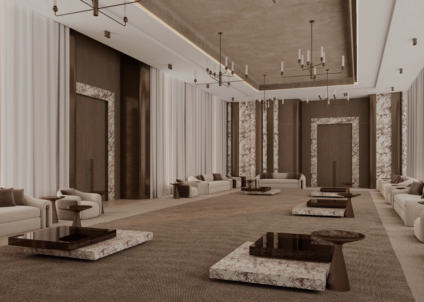 Diagonal view through the formal majles with marble coffee tables and chandeliers