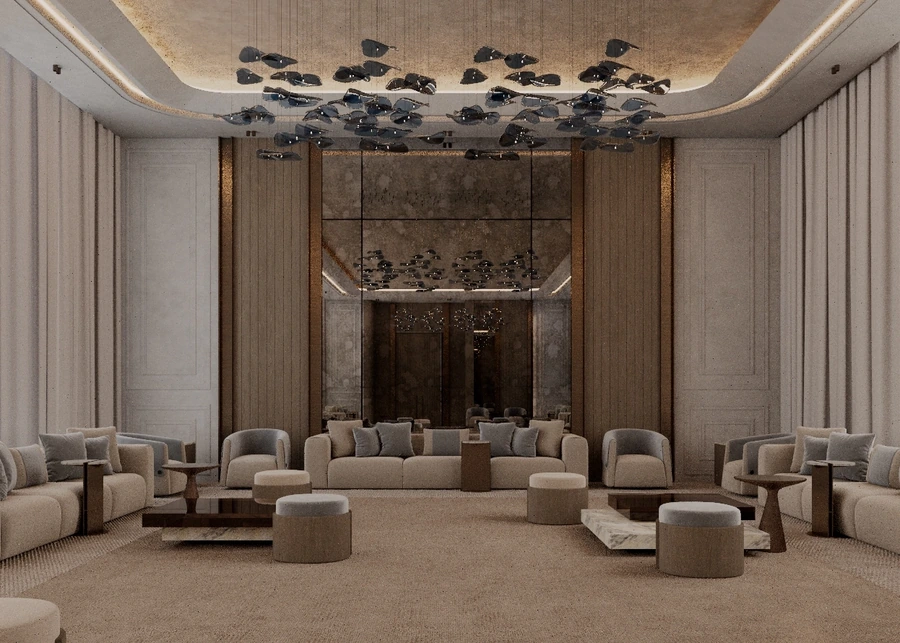Formal majles with sculptural ceiling installation and balanced seating groups