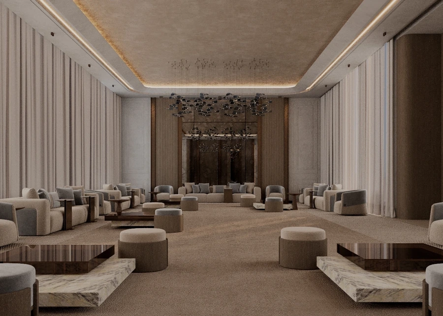 Long view through the majles beneath a floral ceiling canopy and recessed lighting