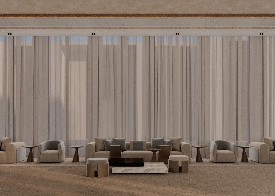 Majles sofa arrangement against full-height sheer curtains and marble tables