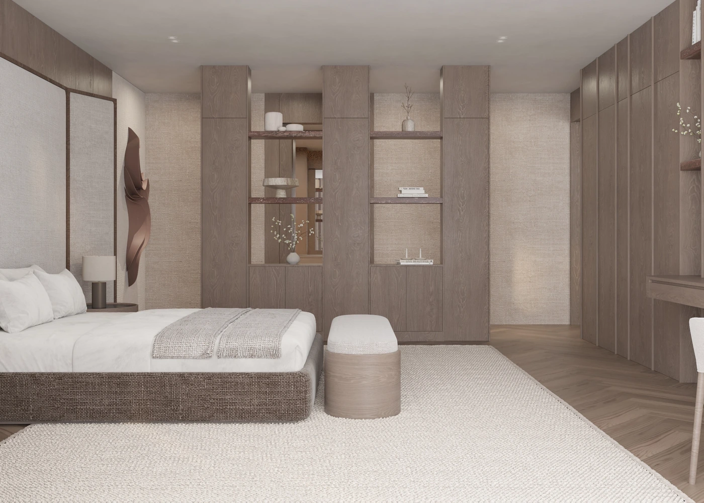 Master bed facing an open timber display partition and dressing-room entrance