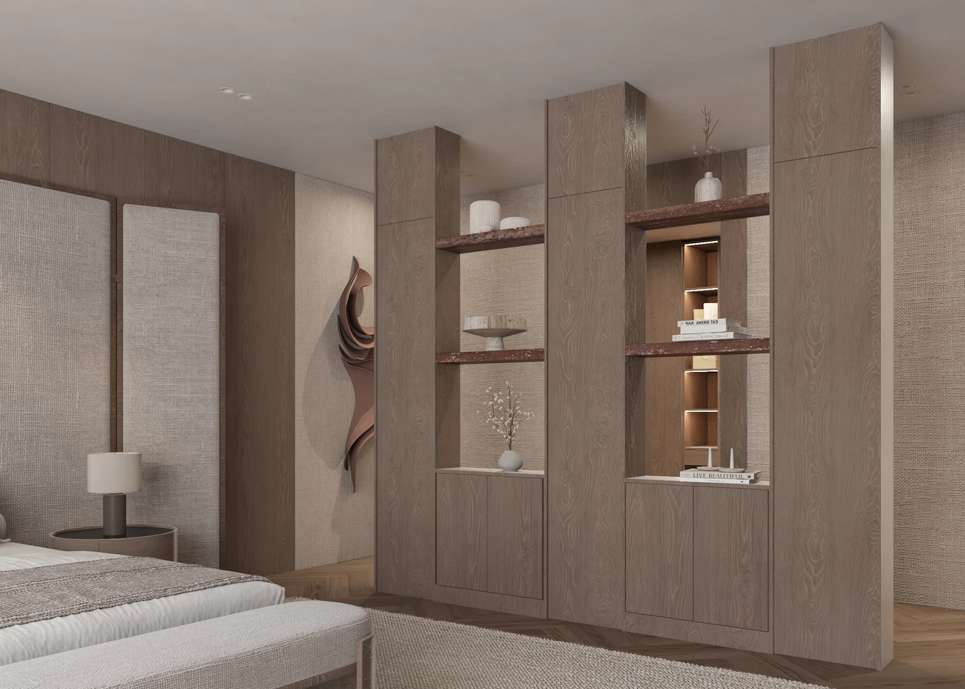Bedside view through layered timber display shelves toward the master suite