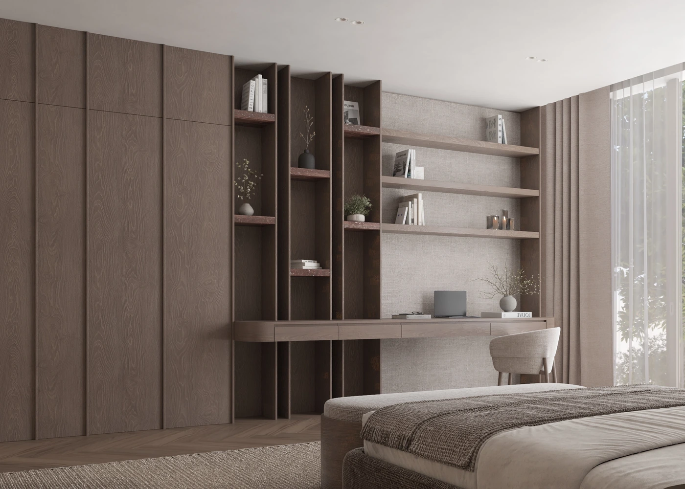 Integrated master-bedroom study desk with open shelving beside a tall window