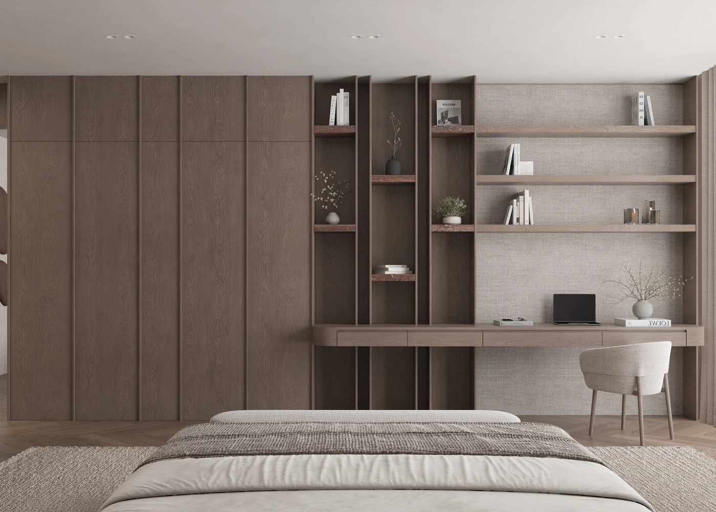 Master bed facing a full-width timber study wall and illuminated shelves