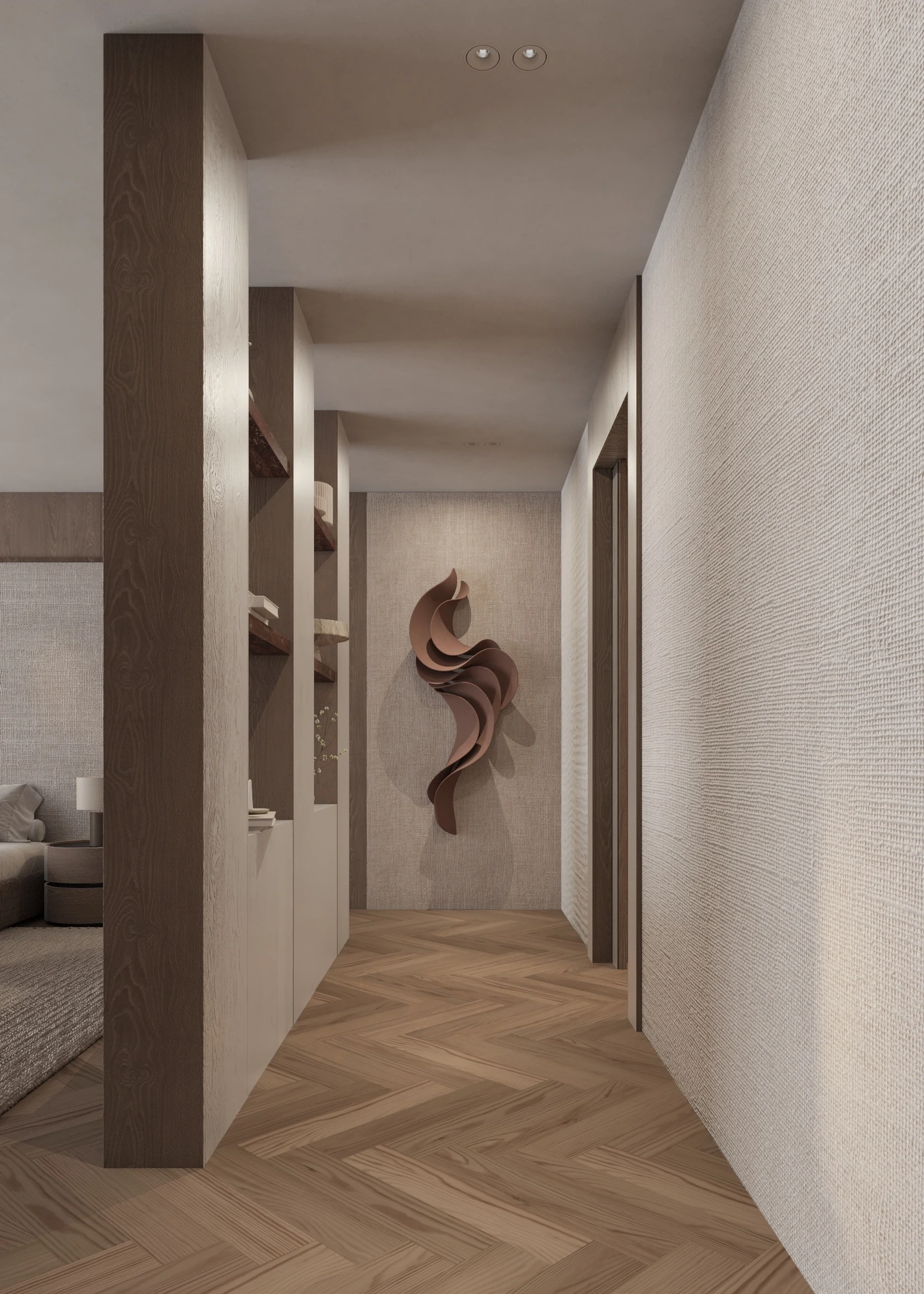 Passage beside the bed with sculptural wall art and open display joinery