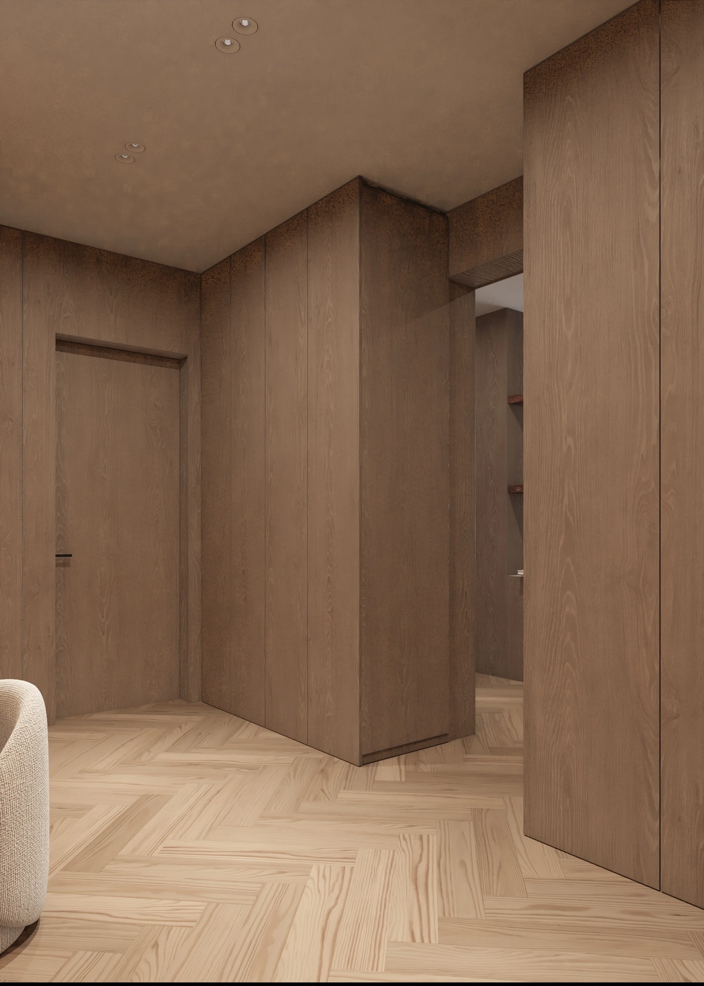 Timber-lined transition from the master bedroom into the dressing room