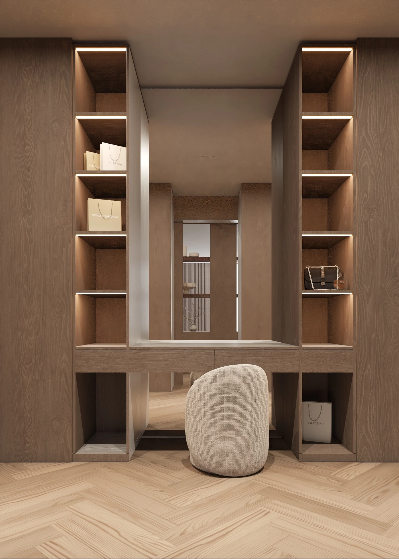 Dressing table with tall mirror framed by illuminated timber shelving