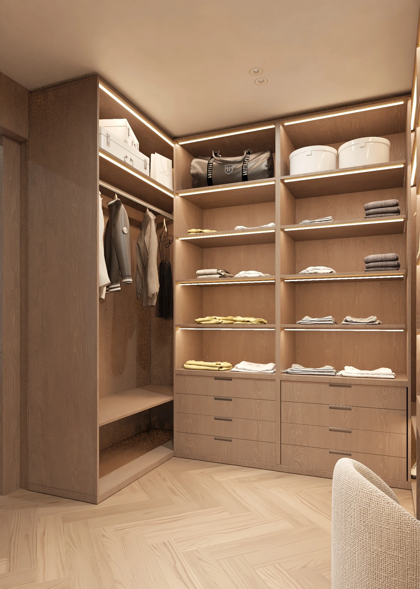 Walk-in wardrobe with open timber storage, drawers and concealed shelf lighting