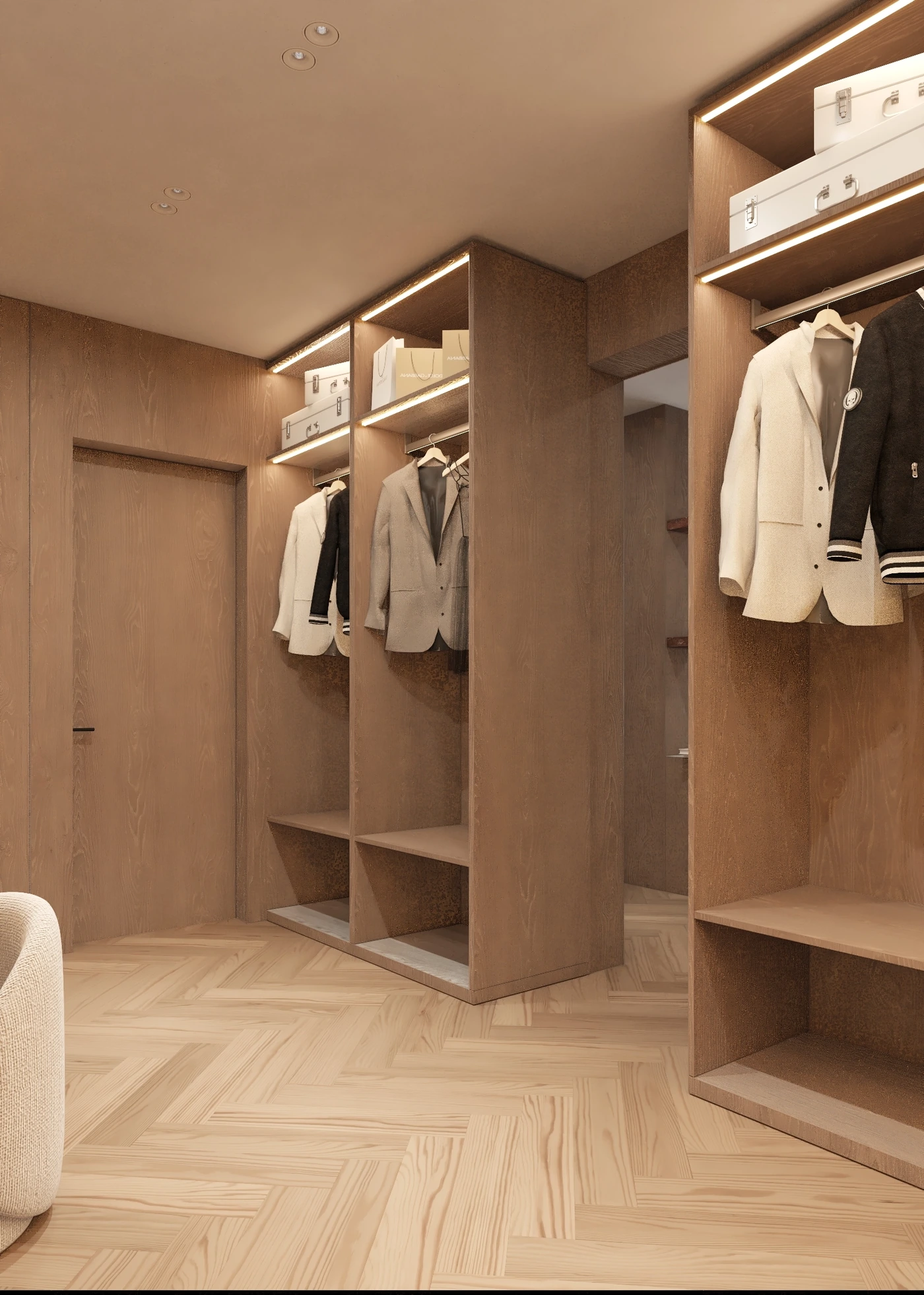 Dressing-room entrance with open hanging rails, shelving and timber cabinetry
