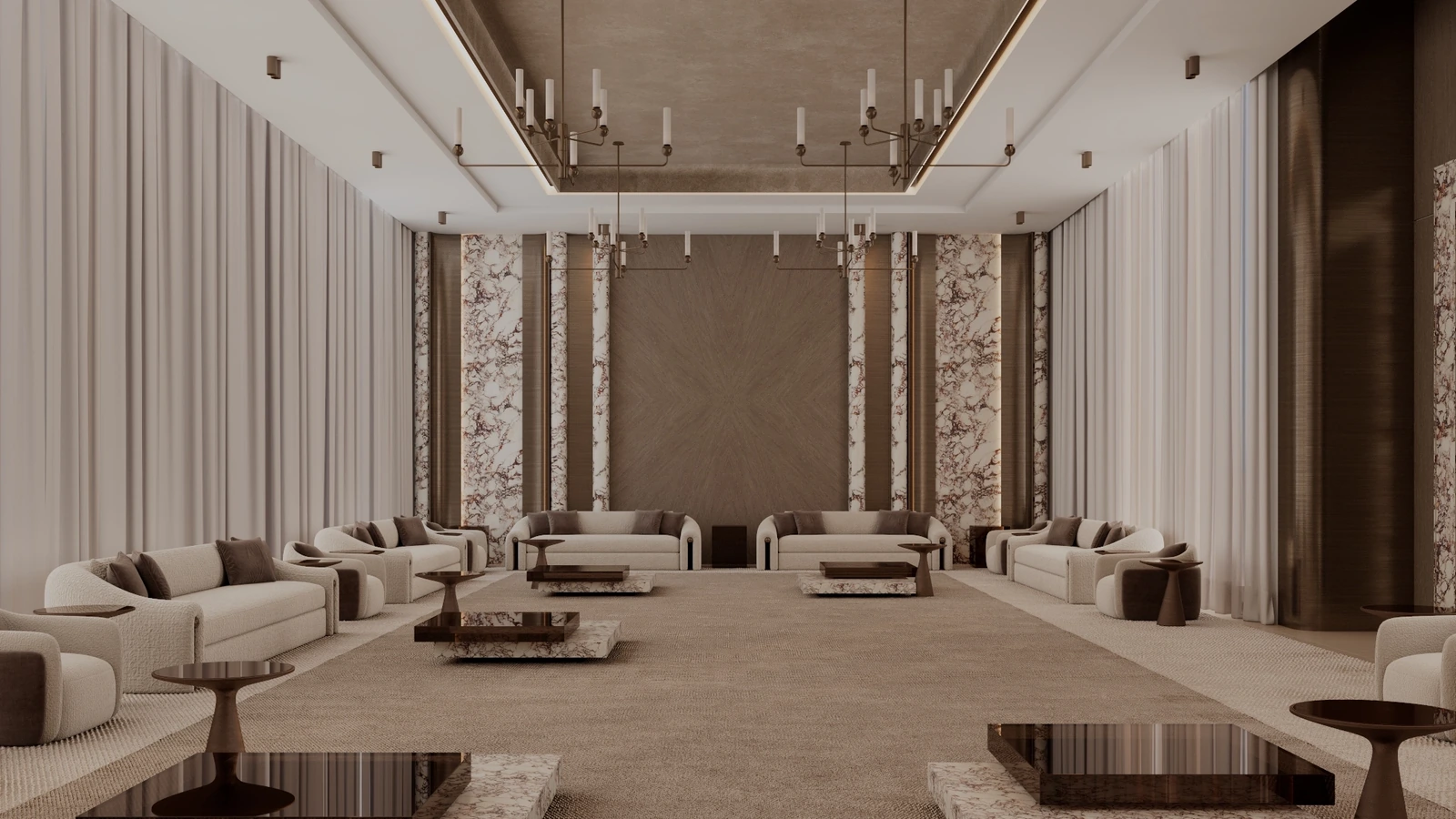 Umm Al Quwain Farm formal majles with marble portals, chandeliers and symmetrical seating