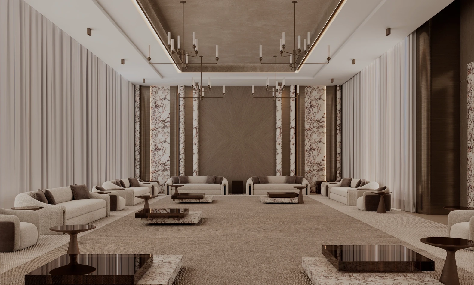 Umm Al Quwain Farm formal majles with marble portals, chandeliers and symmetrical seating